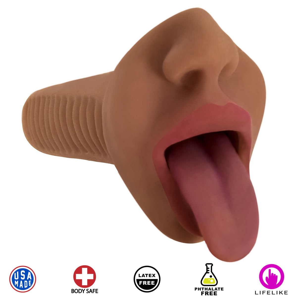 Mistress Mercedes Vibrating Mouth Stroker- Brown – masturbator, TPE (view 3)