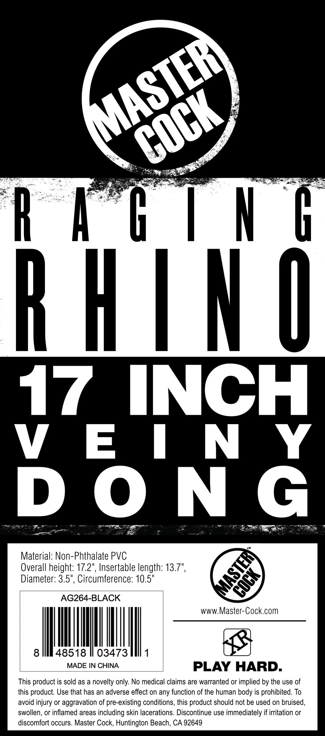 Raging Rhino 17 Inch Veiny Dildo - Black, PVC (view 4)