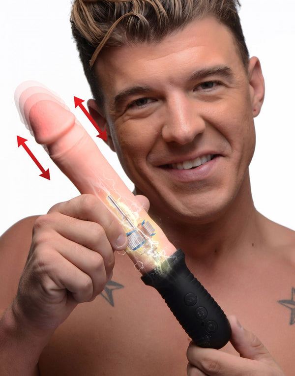 8X Auto Pounder Vibrating and Thrusting Dildo with Handle - Beige, Silicone