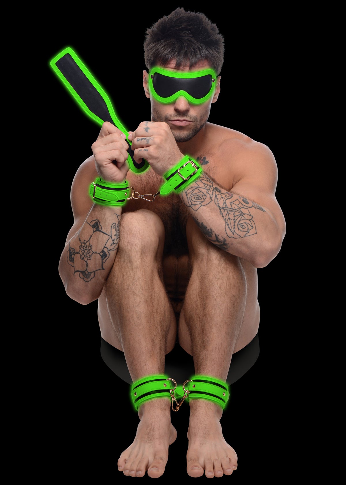 Kink in the Dark Glowing Cuffs Blindfold and Paddle Bondage Set – impact play, Metal (view 2)