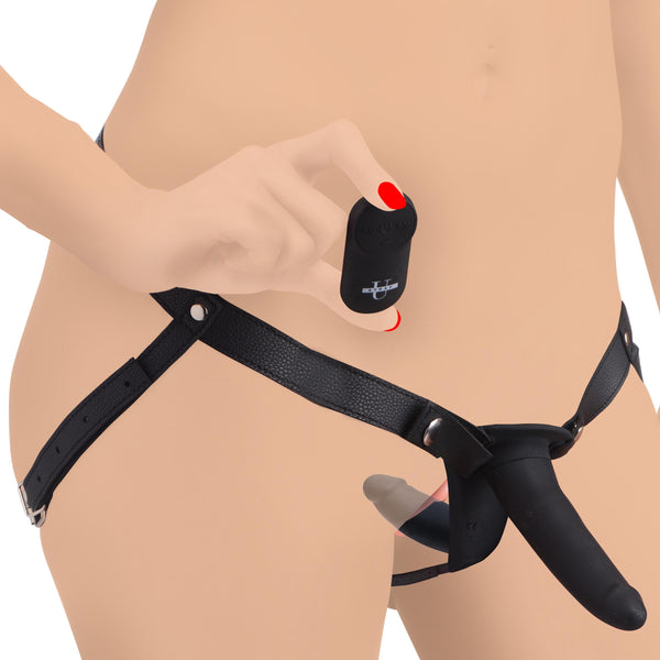 28X Power Pegger Beginner Vibrating Double Dildo with Harness and Remote – strap-on and harness, Silicone