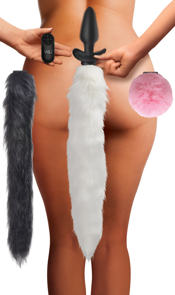 Vibrating Silicone Anal Plug with 3 Interchangeable Tails – butt plug, Silicone