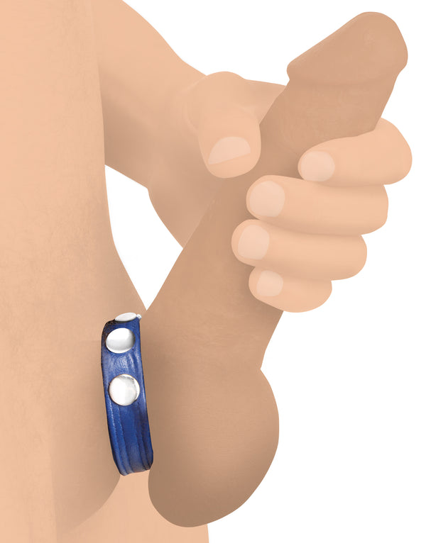 Leather Speed Snap Cock Ring - Blue, Metal
