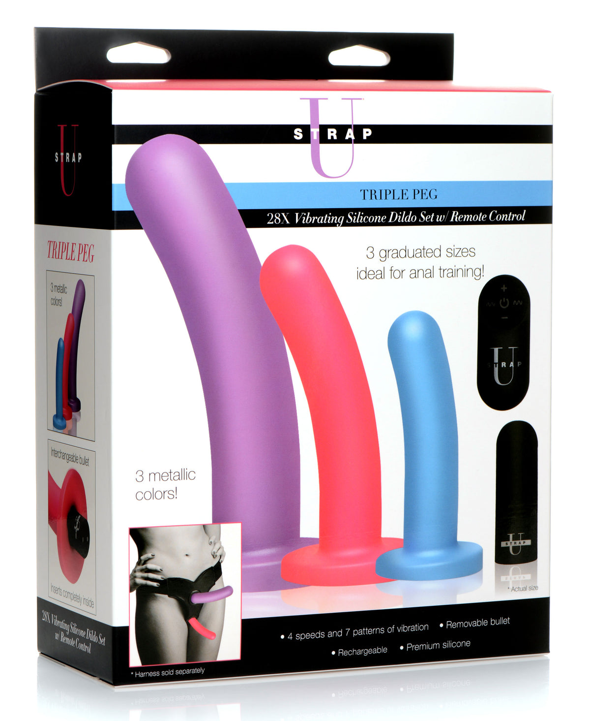 Triple Peg 28X Vibrating Silicone Dildo Set with Remote Control, Silicone (view 6)