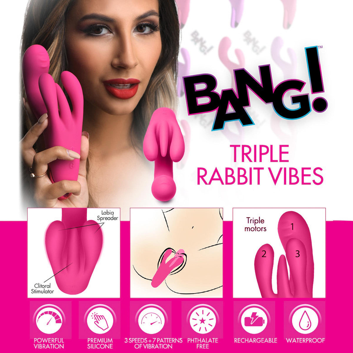10X Triple Rabbit Silicone Vibrator - Pink – rabbit vibrator, Silicone (view 2)