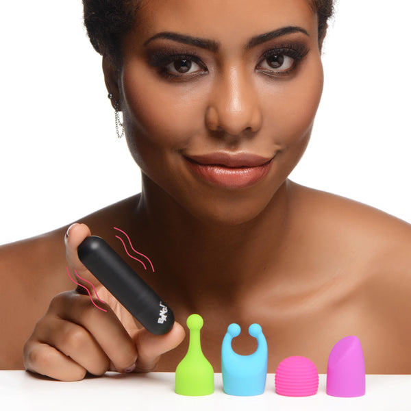 7X Rechargeable Bullet with 4 Attachments – bullet and egg vibrator, Silicone