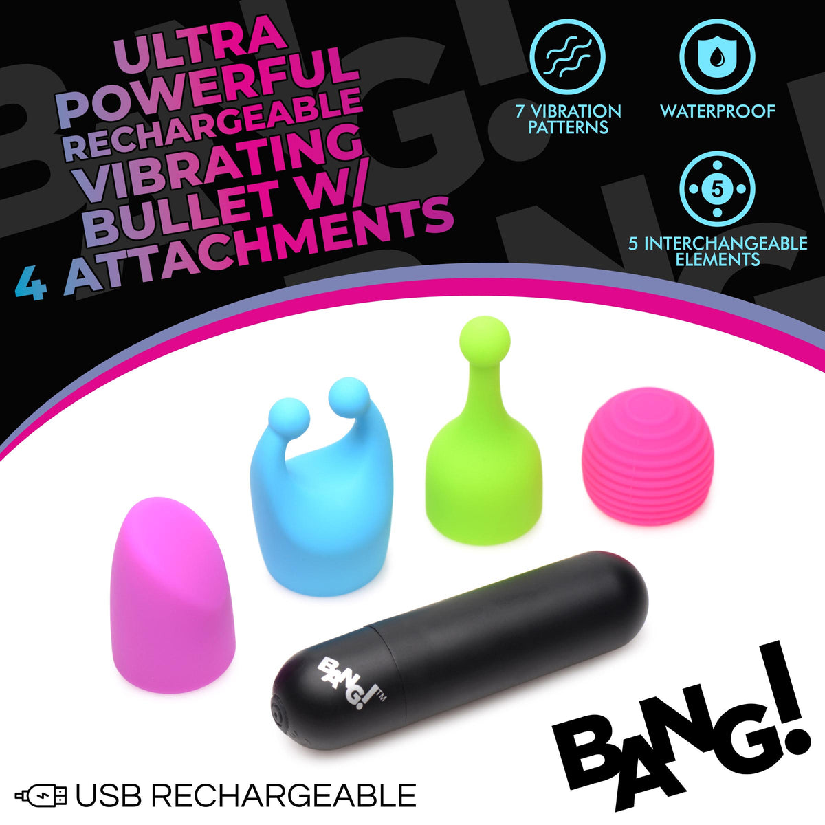 7X Rechargeable Bullet with 4 Attachments – bullet and egg vibrator, Silicone (view 2)