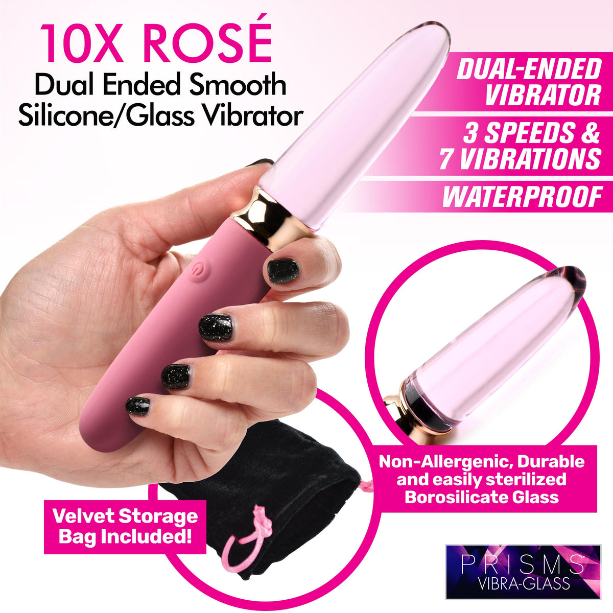 10X Rosé Dual Ended Smooth Silicone and Glass Vibrator, Silicone (view 2)