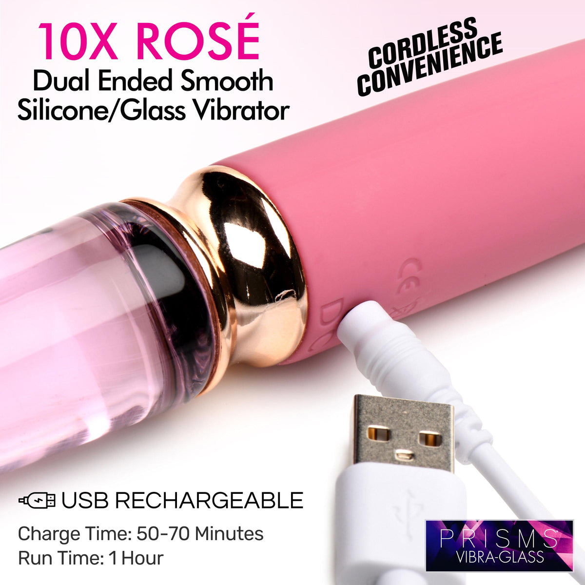 10X Rosé Dual Ended Smooth Silicone and Glass Vibrator, Silicone (view 3)