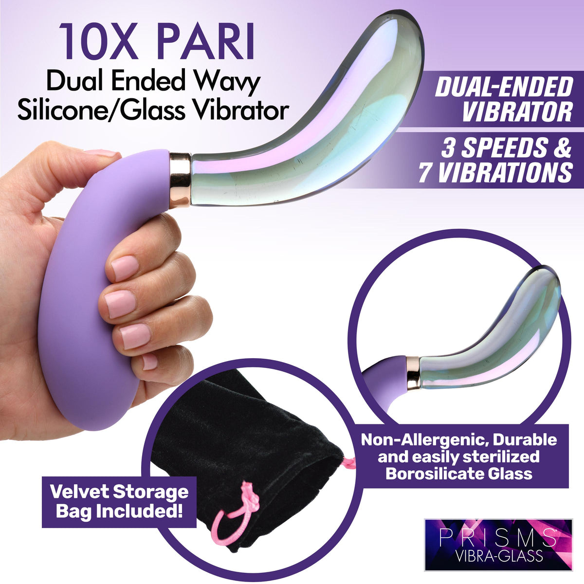 10X Pari Dual Ended Wavy Silicone and Glass Vibrator, Silicone (view 2)
