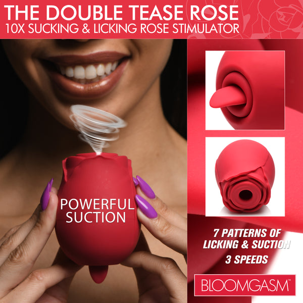 The Double Tease Rose 10X Sucking and Licking Silicone Stimulator – clitoral suction toy, Silicone