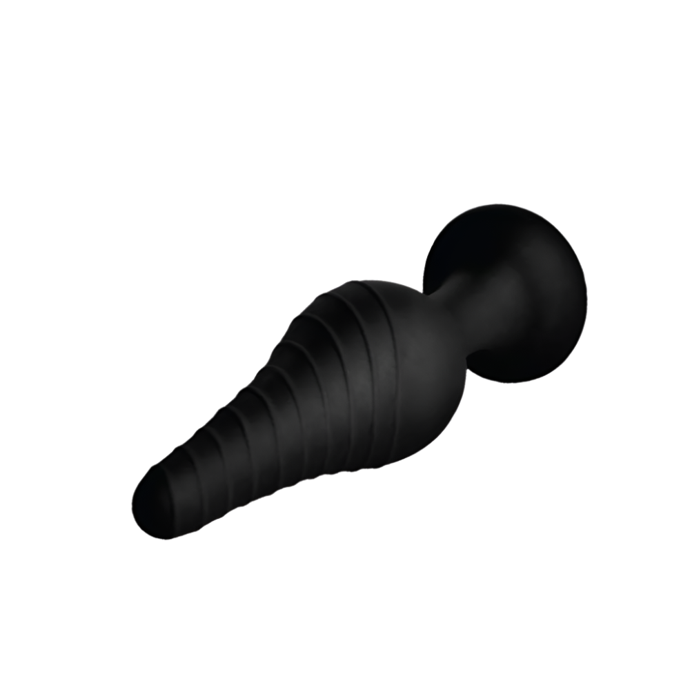 Black anal plug with remote control, silicone material angled view