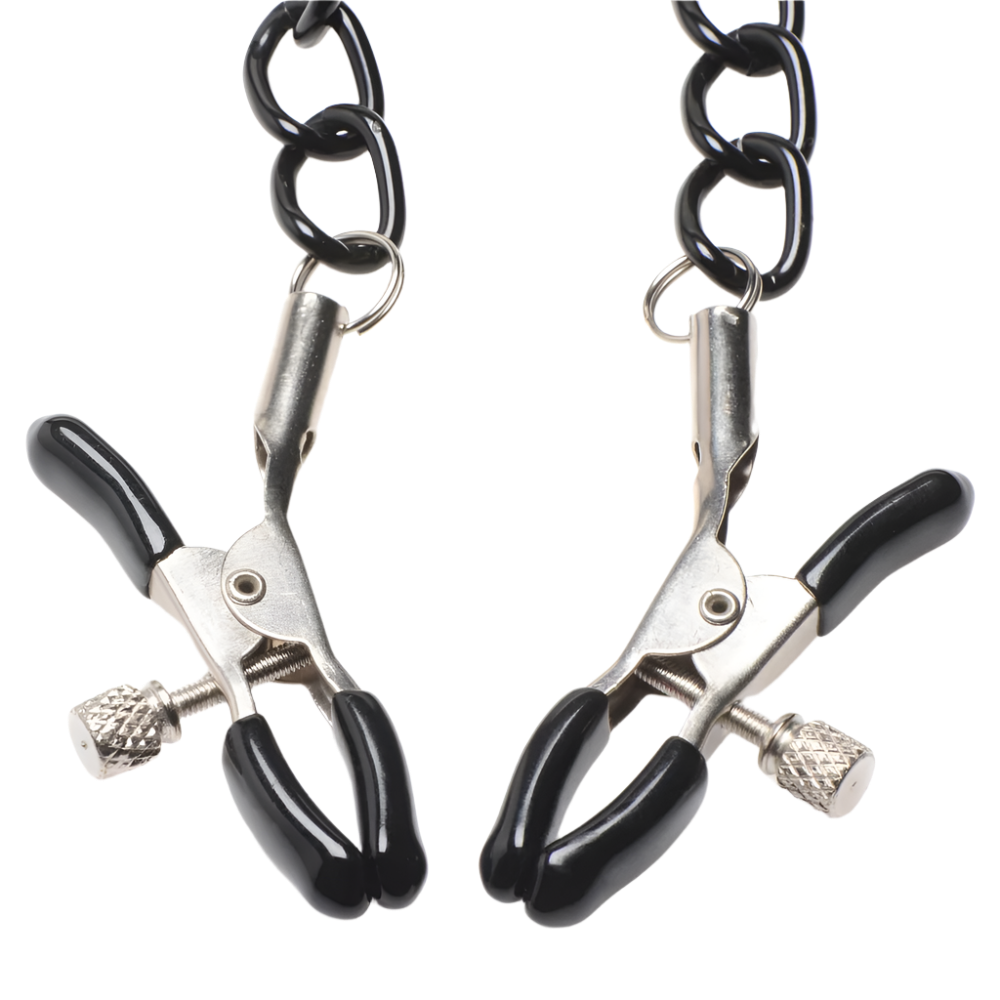 Nipple toys with black collar and clamps, ergonomic design, angled view