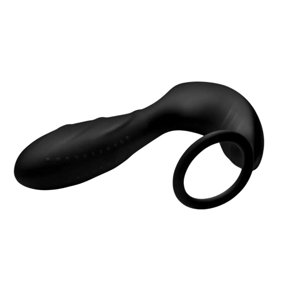 Silicone black prostate vibrator with strap and remote angled view