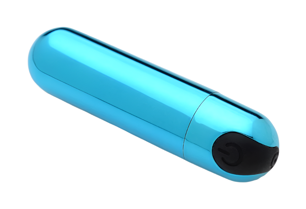 Angled view of blue metallic bullet vibrator on white background