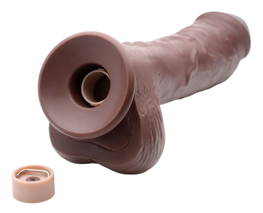 Silicone 8.5 inch brown squirting dildo, remote control angled view