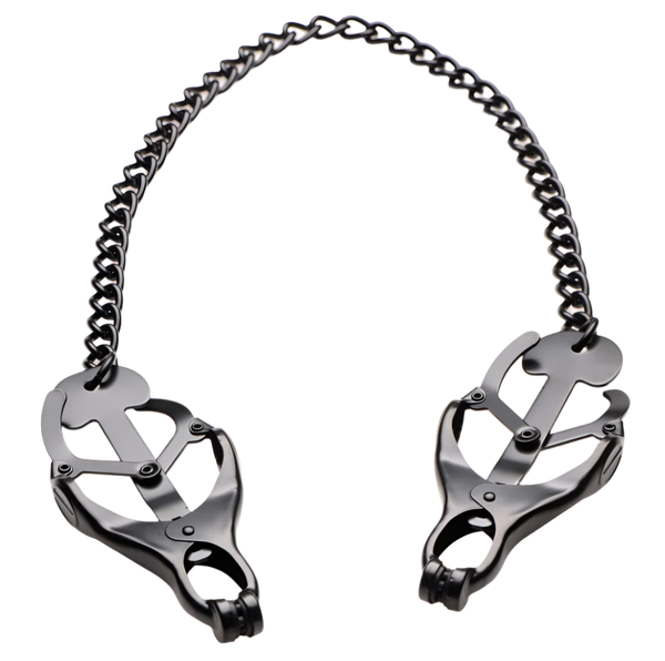 Nipple toys in black, Monarch Noir design, angled close-up