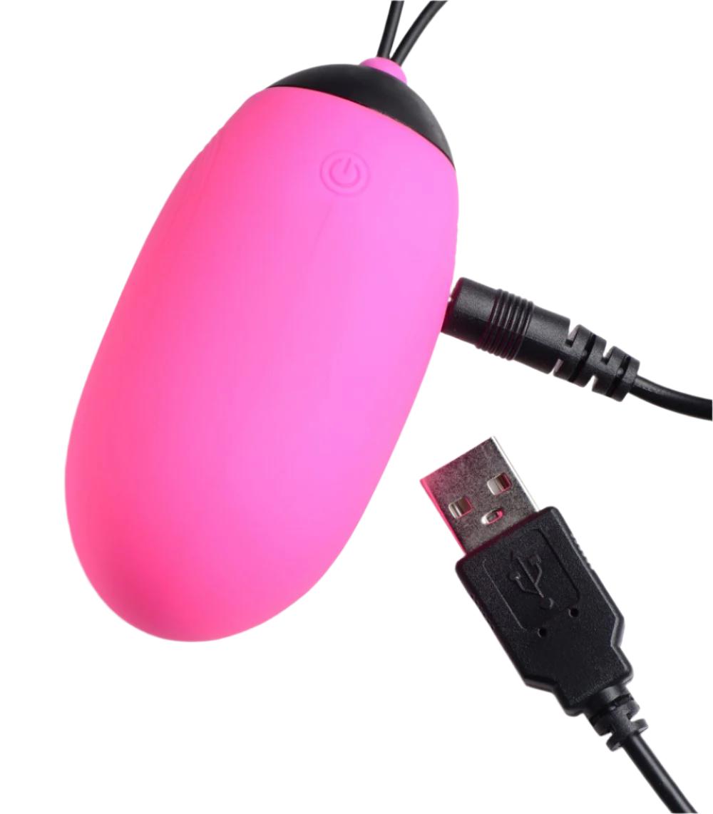 XL pink egg vibrators, silicone material, angled view for detail with usb charger