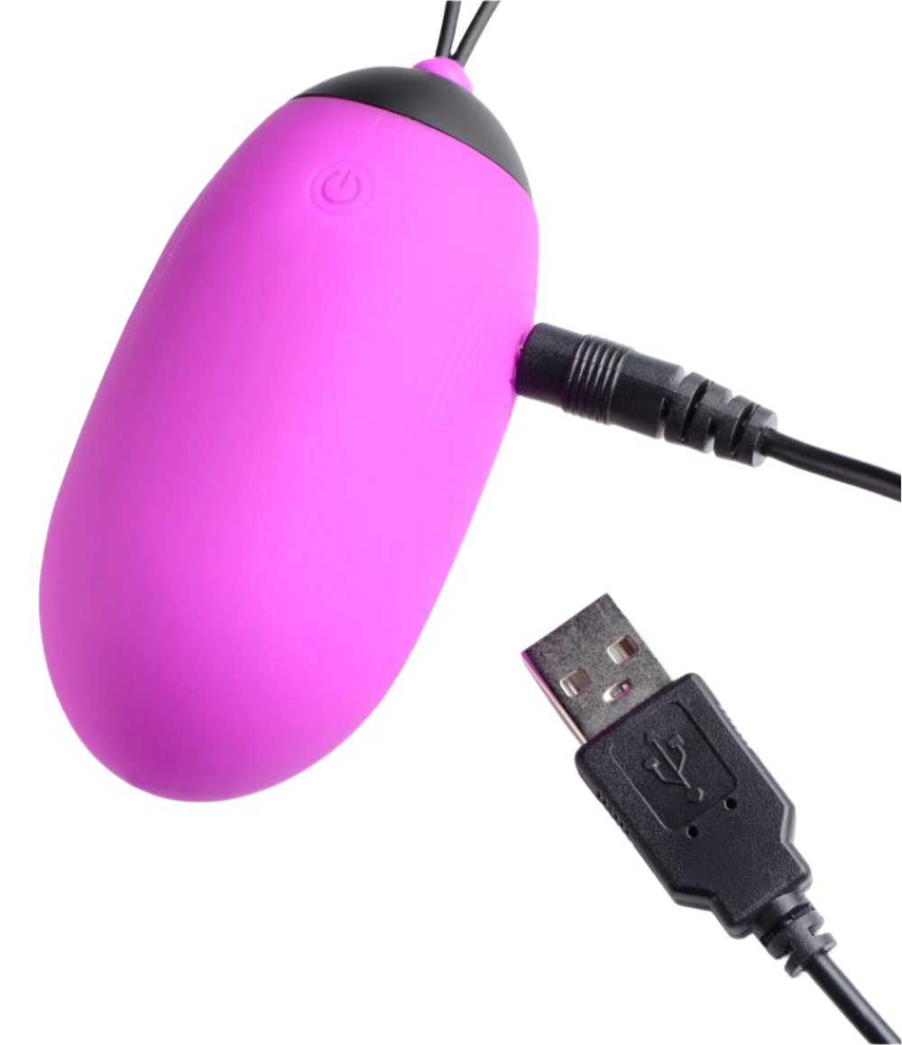 XL purple egg vibrators, silicone material, angled view for detail with USB Charger