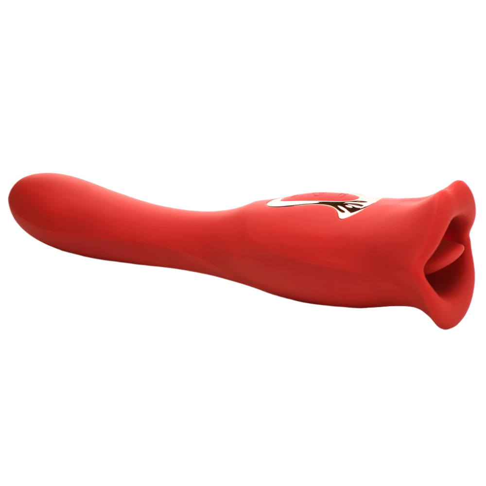 Vibrating red tongue vibrator with dual-ended design angled view