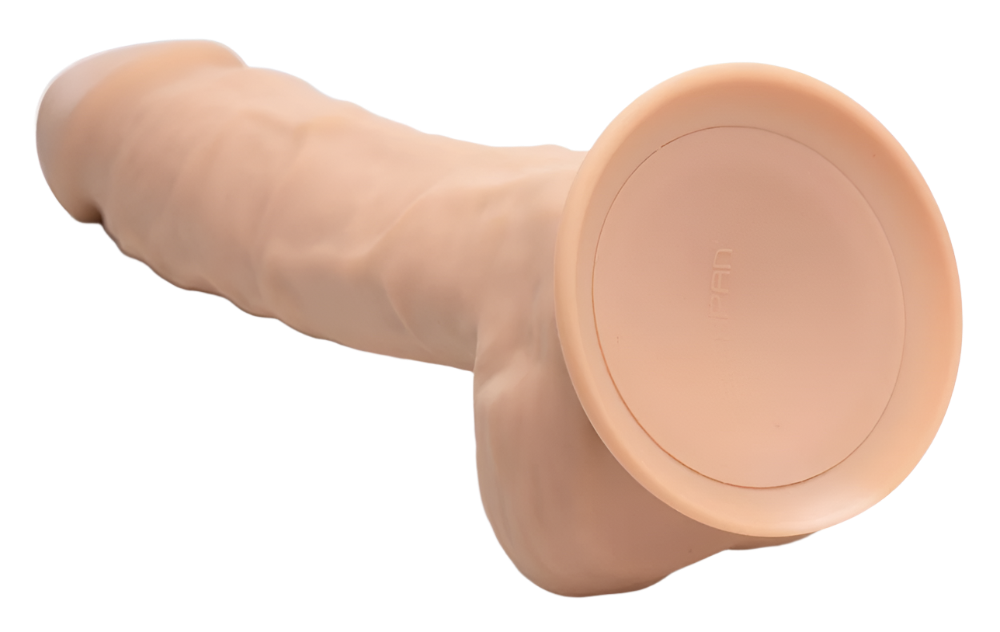 Tan Realistic Vibrators, 8-inch silicone with Silexpan, angled view