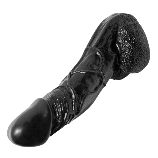 Side view of black 11 inch dildo showcasing its realistic design and smooth texture