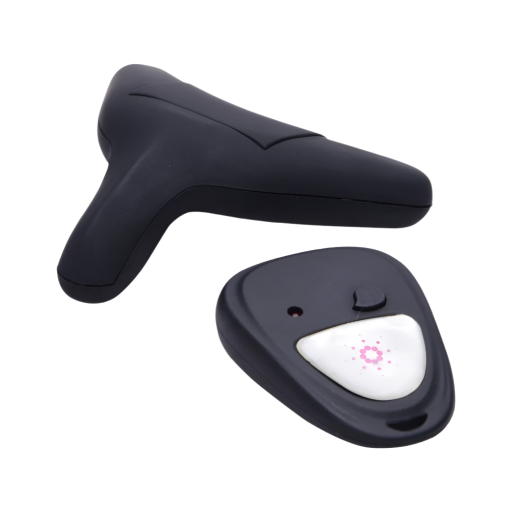 Black cheeky style panty vibrator with remote, side view for detail