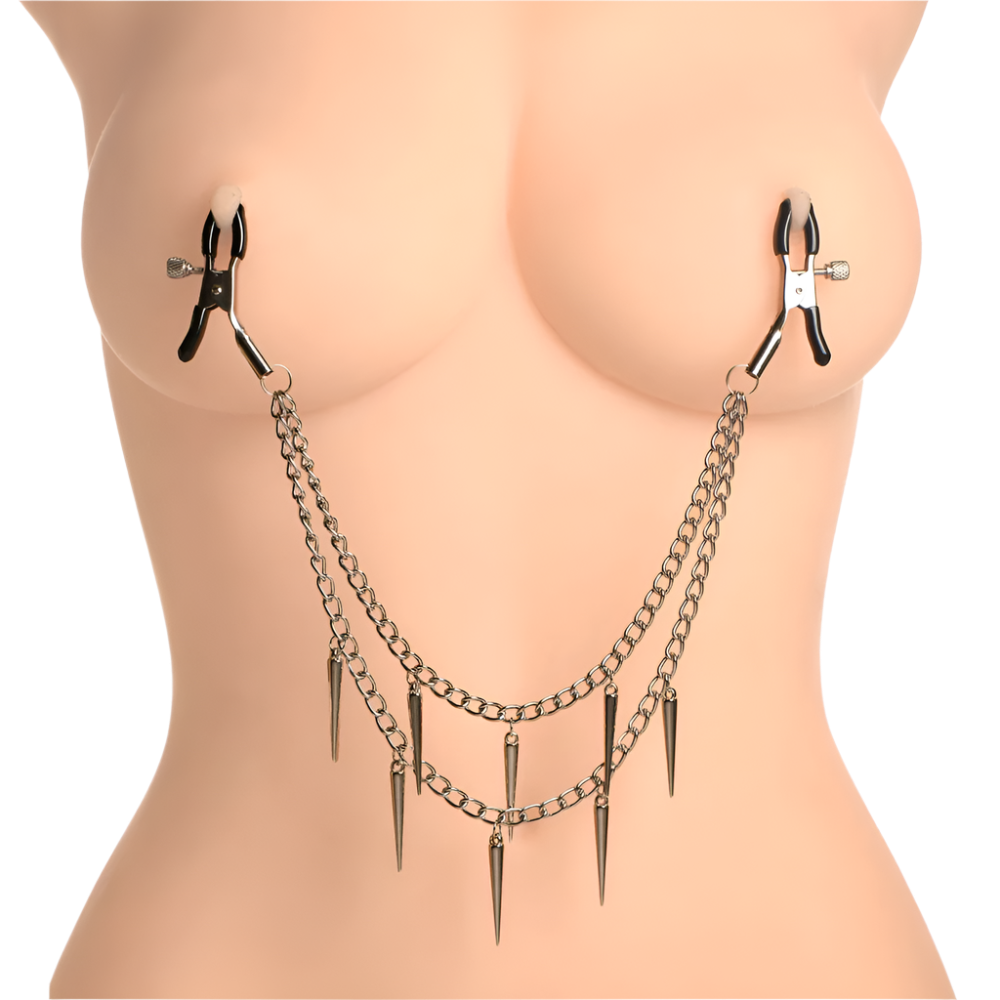 Black double chain nipple toys with dagger design clamps, side view