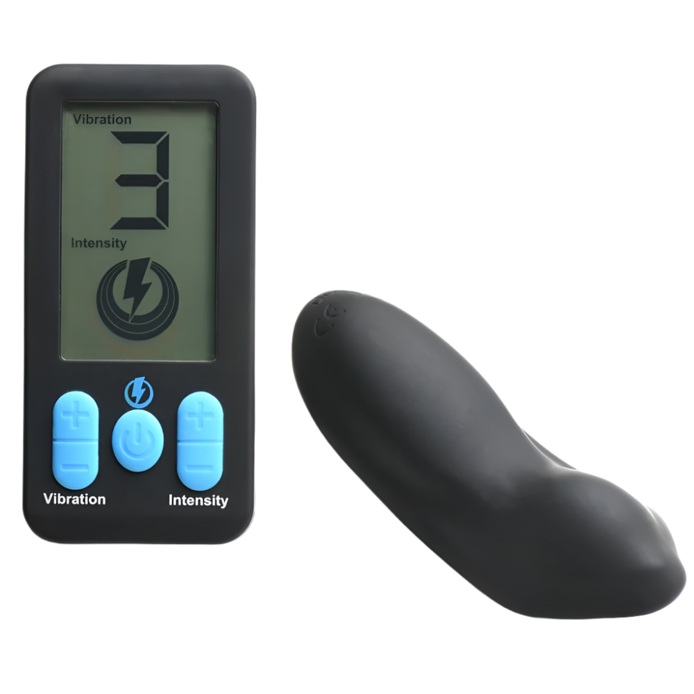 Black E-stim panty vibrator with remote, angled side view