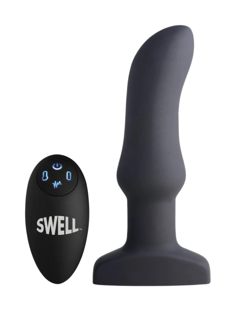 Black Anal Vibrator - Side view of inflatable 10 speed curved design