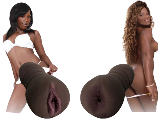 black pocket pussy front and back view with the models it was molded after