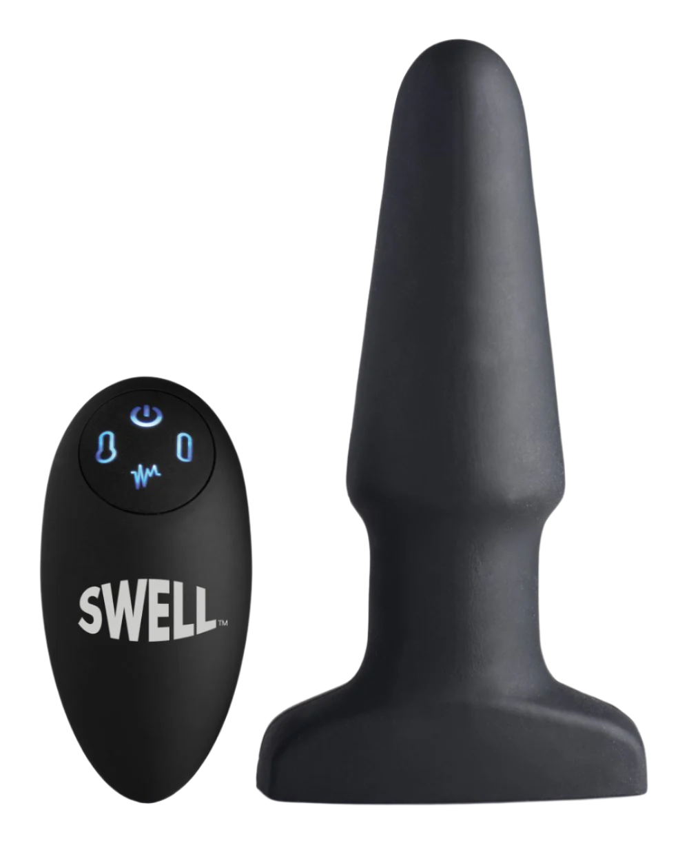 Black Anal Vibrator - Side view of remote control inflatable 10-speed