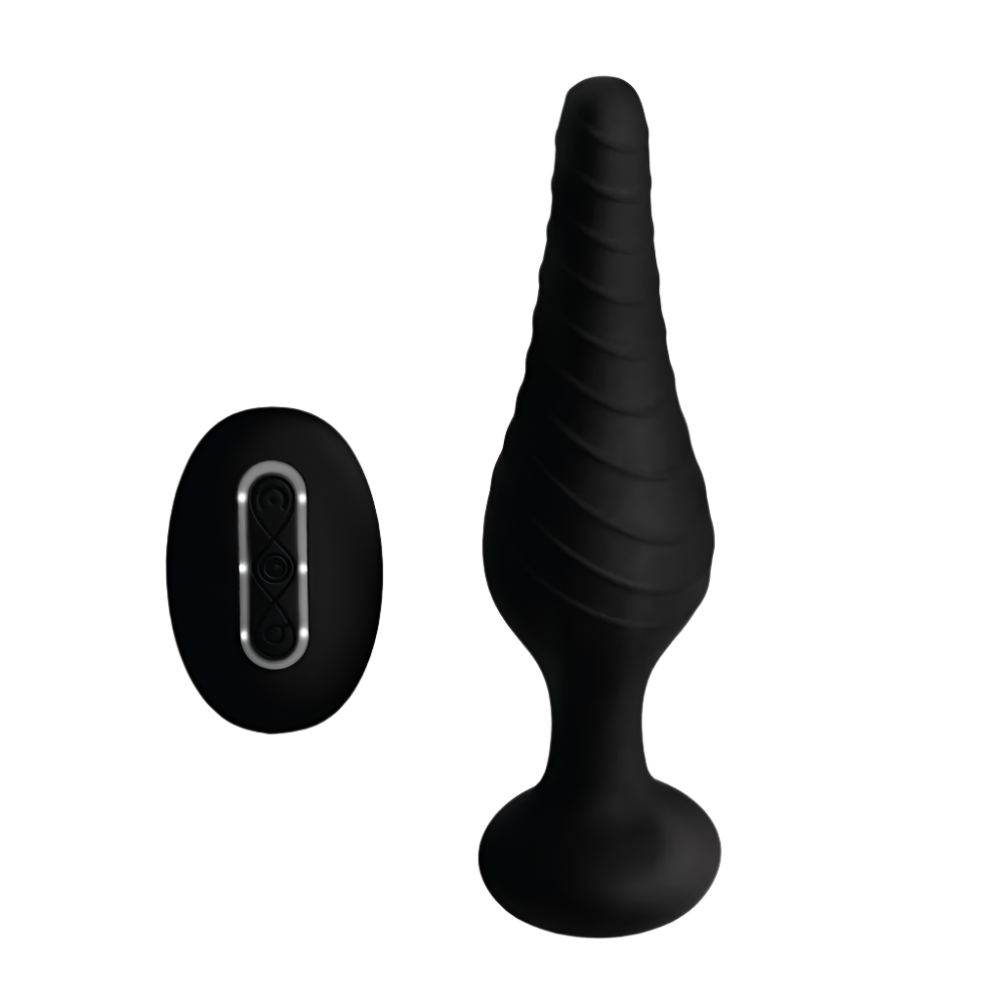 Black silicone anal plug, remote control vibrators side view