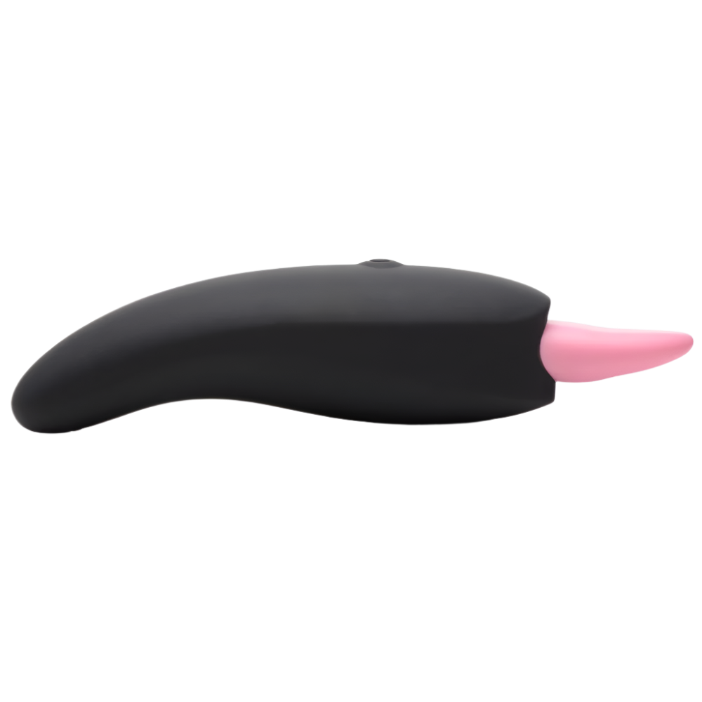 Black silicone tongue vibrator with licking feature, side view