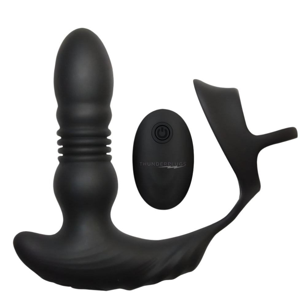 Black Thrusting Vibrator with remote control side view and cock ring