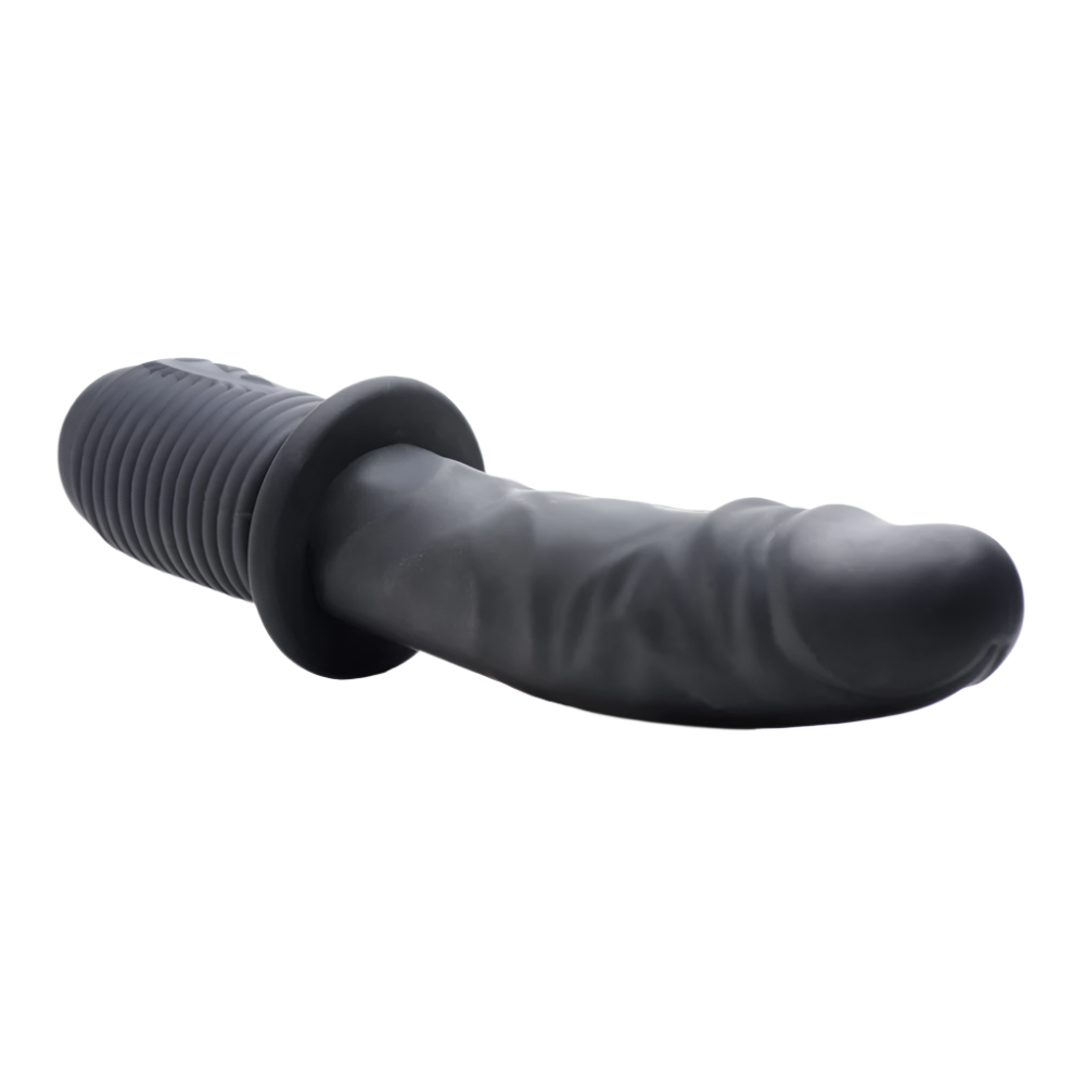 Black Thrusting Vibrator side view with silicone shaft and textured grip