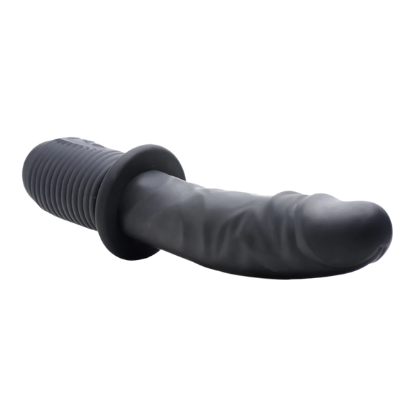 Black Thrusting Vibrator side view with silicone shaft and textured grip