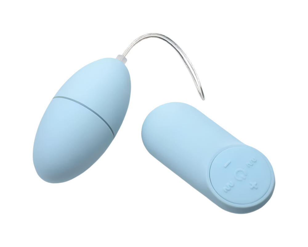 Blue egg vibrators with 28-speed remote control, side view