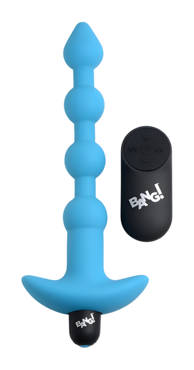 Blue Anal Vibrator with remote control, angled view