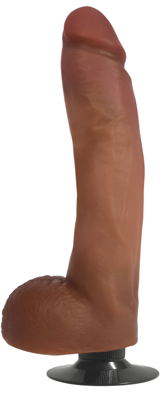 Brown Realistic Vibrators, 10-inch, side view with vibrating feature