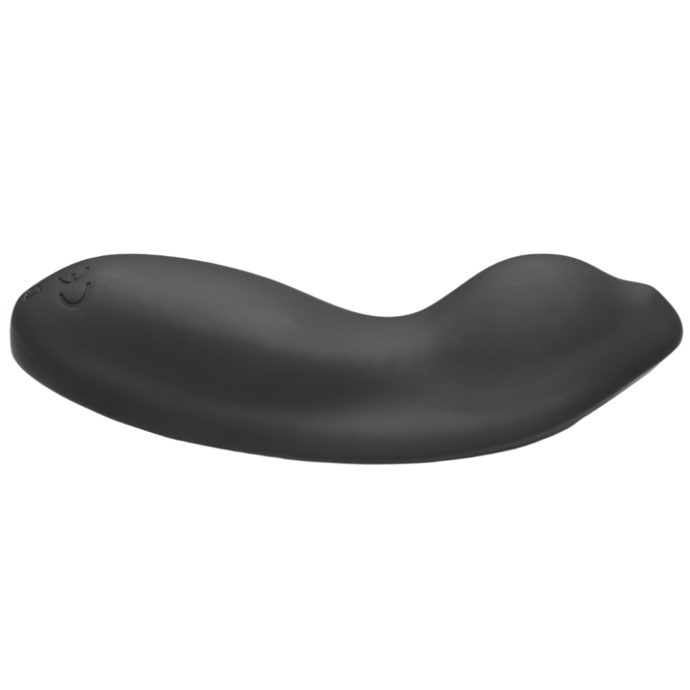 Remote-controlled black panty vibrator, close-up view, e-stim feature