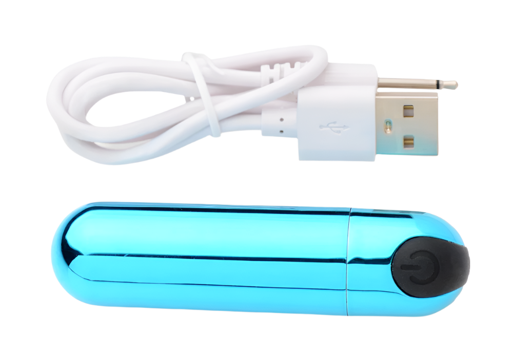 Close-up of blue bullet vibrator showcasing USB Charger