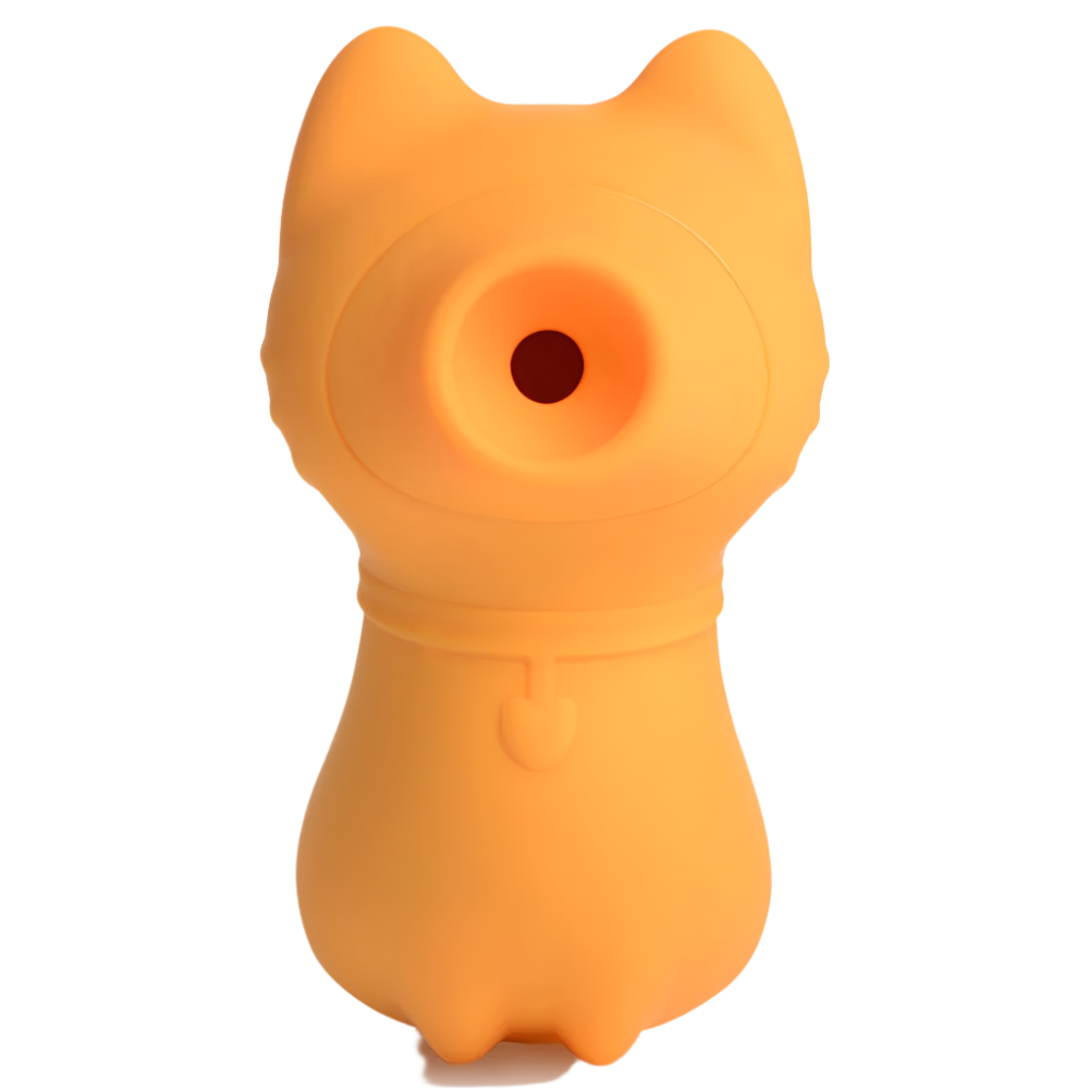 Close-up of orange clitoral suction vibrators with unique kitty shape