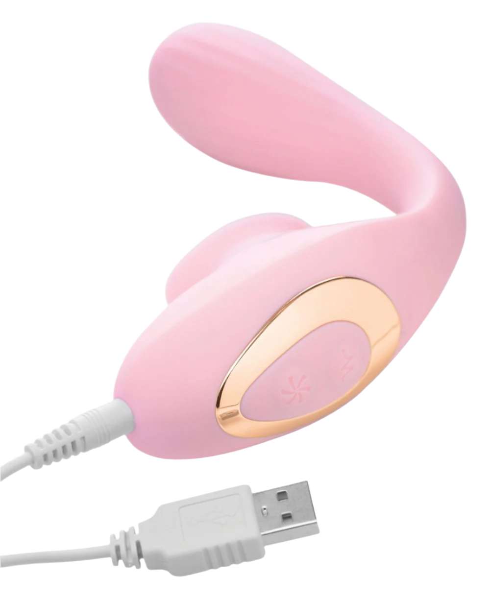 Pink silicone tongue vibrator, bendable design close-up view with USB Charger