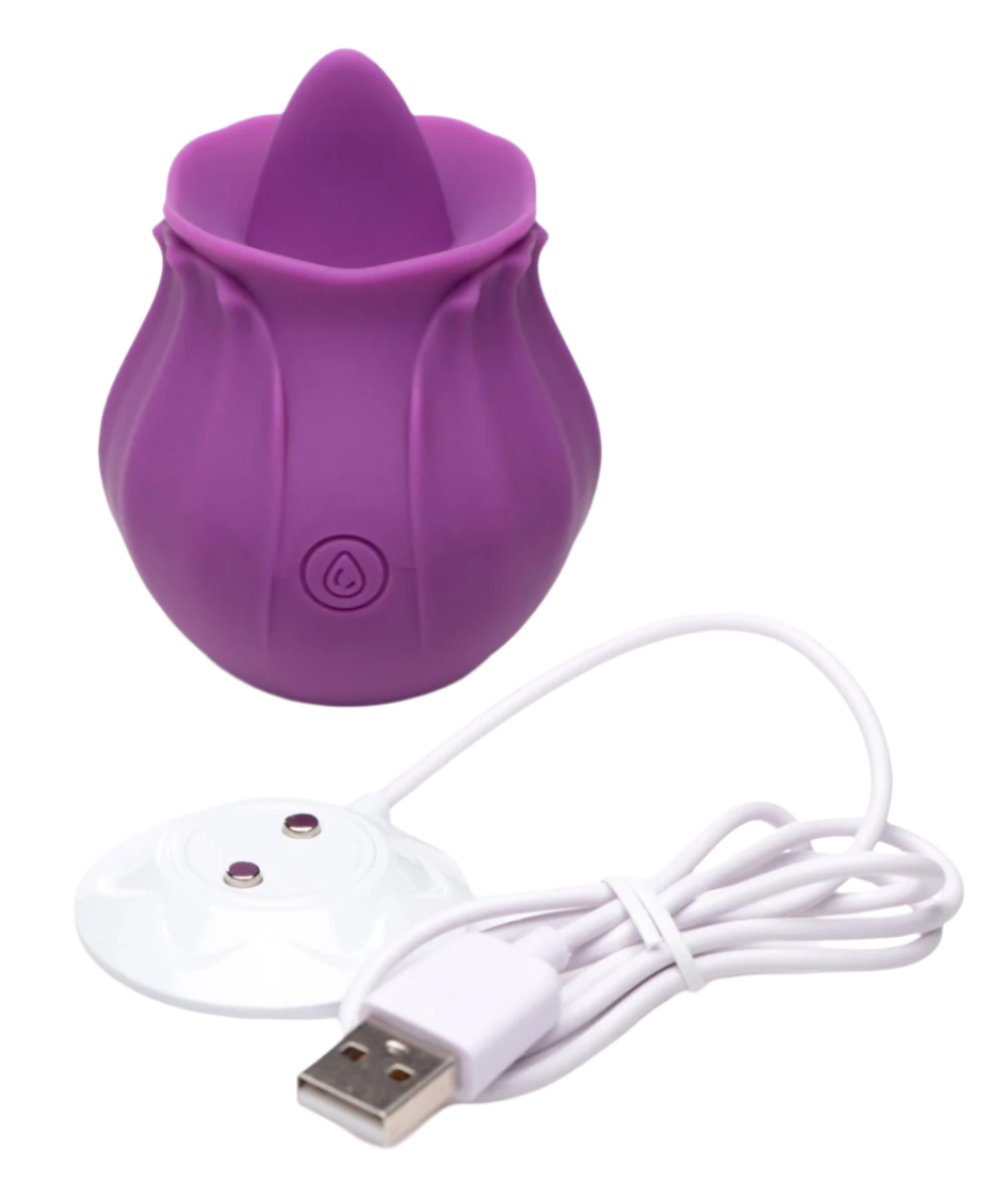 Purple clit licking tongue vibrator with 10 speeds close-up view with USB Charger