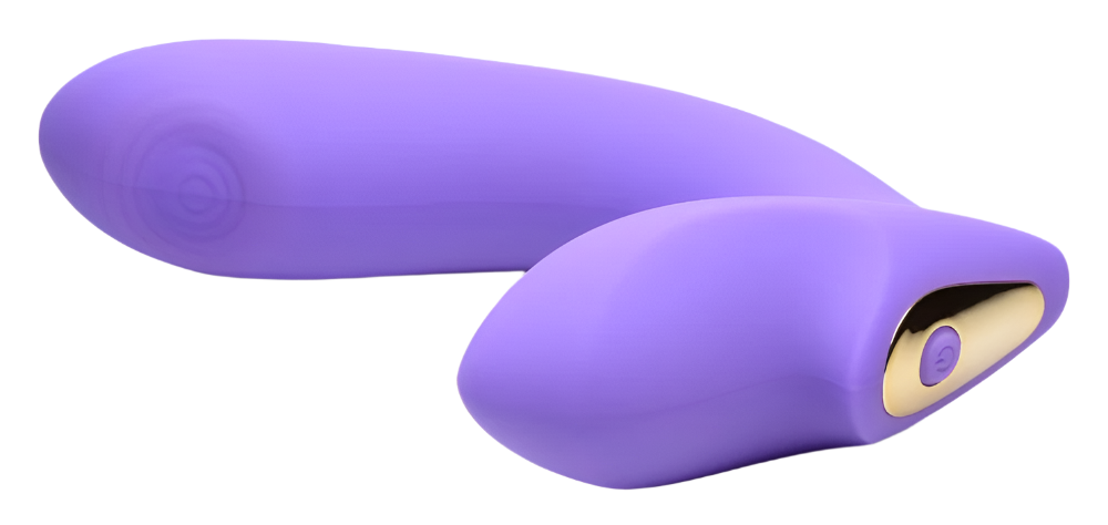 Purple silicone G-spot vibrator, ergonomic remote feature close-up