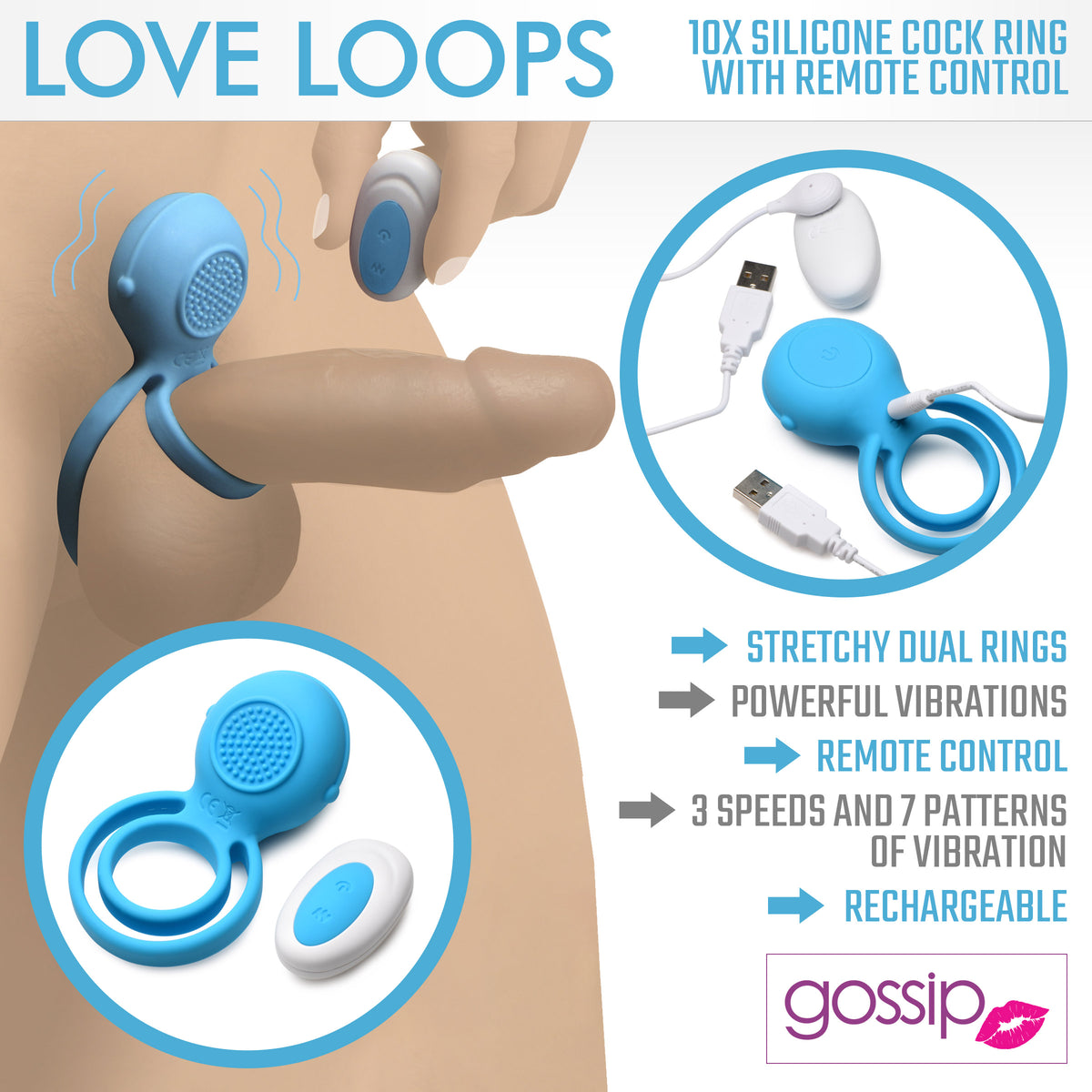 Love Loops 10X Silicone Cock Ring with Remote - Blue, Silicone (view 2)