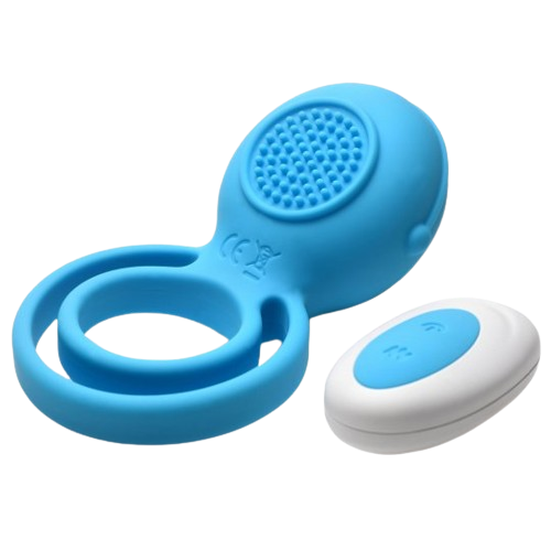 Blue Silicone Cock Ring with white/ blue Remote front view sex toy numen wellness