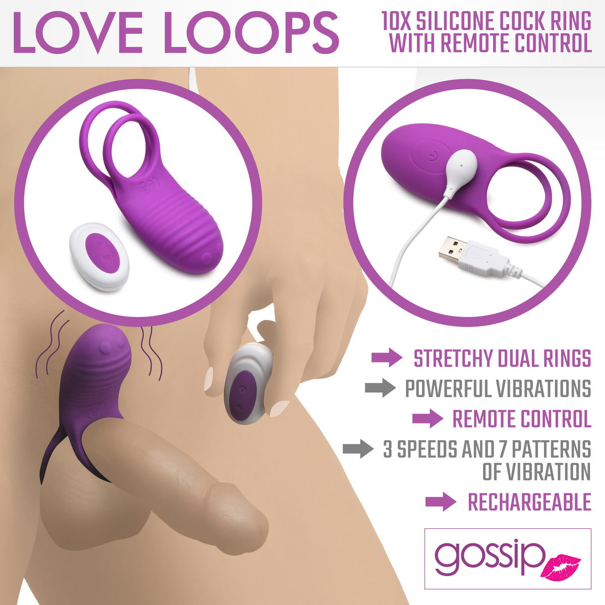 Love Loops 10X Silicone Cock Ring with Remote - Purple, Silicone (view 2)