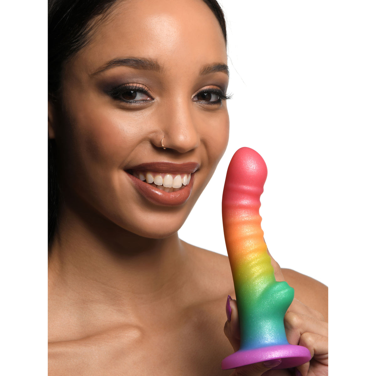 Ribbed Rainbow Silicone Dildo, Silicone (view 3)